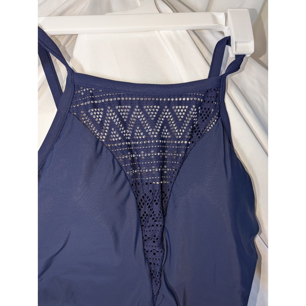 Womens Crochet High Neck One Piece Swimsuit - AquaGreen True Navy L